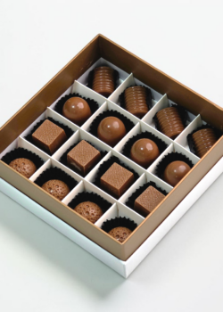 Luxury milk chocolate assorted box with 16 pieces including almond, cashew, coconut and plain chocolates in premium packaging