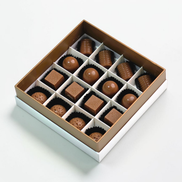 Luxury milk chocolate assorted box with 16 pieces including almond, cashew, coconut and plain chocolates in premium packaging